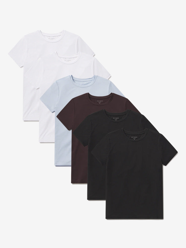 Women wearing White/White/Black/Black/Espresso/Ice Blue Second Skin Crew Tee 6-Pack