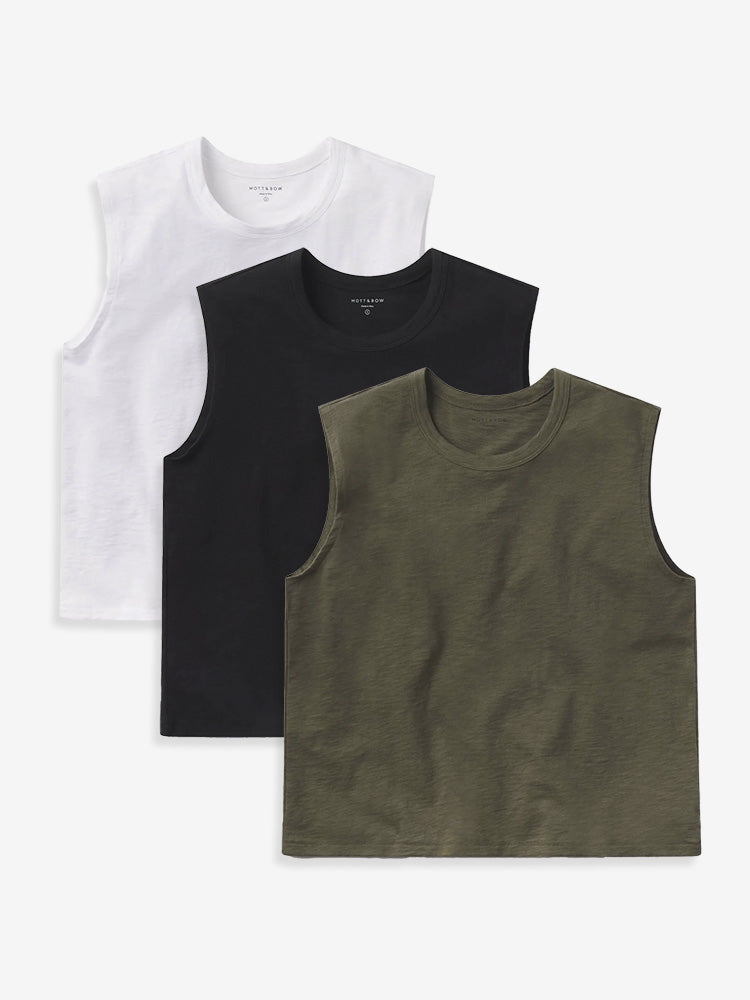 Women wearing White/Black/Military Green Relaxed Slub Tank 3-Pack