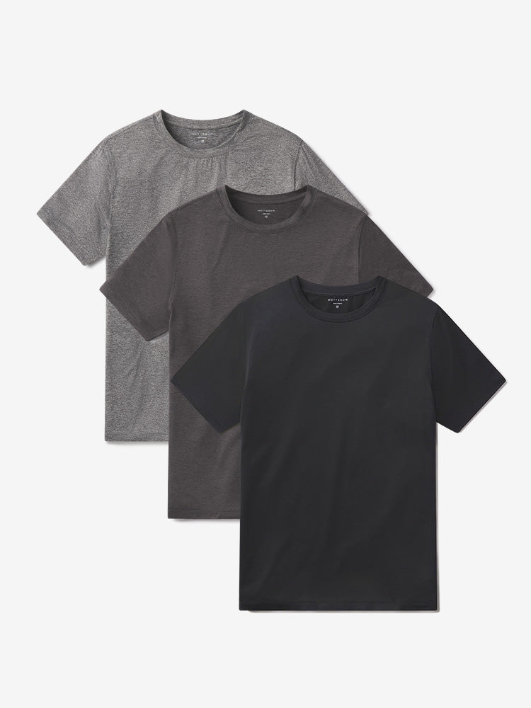 wearing Black Heather/Charcoal Heather/Heather Gray Tech Tee 3-Pack