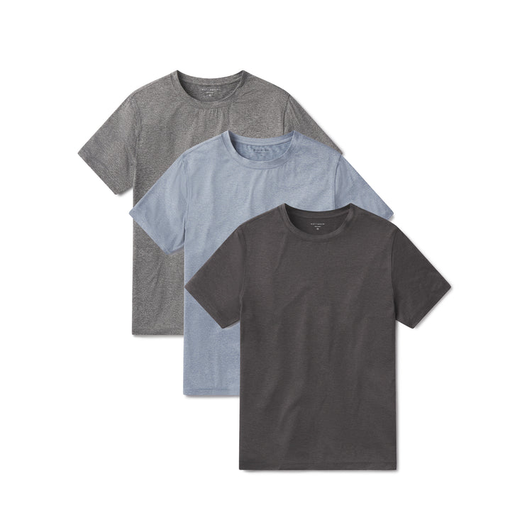 wearing Sky Blue Heather/Heather Gray/Charcoal Heather Tech Tee 3-Pack
