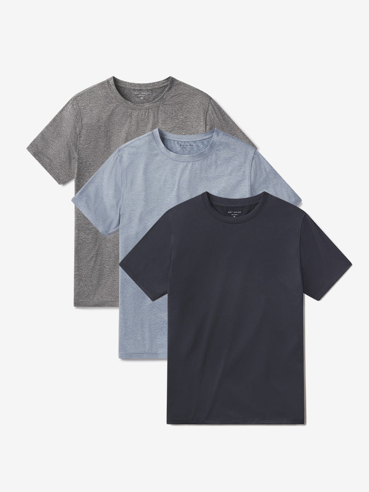 wearing Sky Blue Heather/Navy Heather/Heather Gray Tech Tee 3-Pack