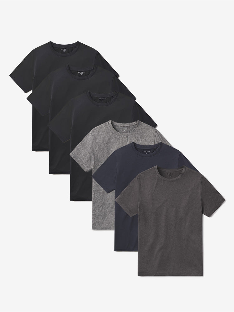 wearing Black Heather/Black Heather/Black Heather/Navy Heather/Charcoal Heather/Heather Gray Tech Tee 6-Pack
