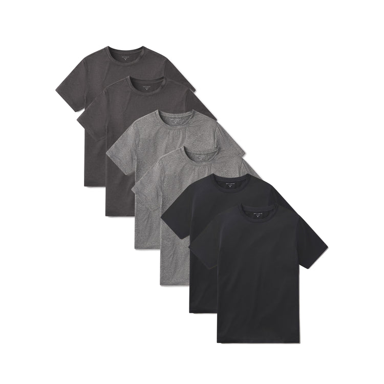 wearing Black Heather/Charcoal Heather/Heather Gray Tech Tee 6-Pack