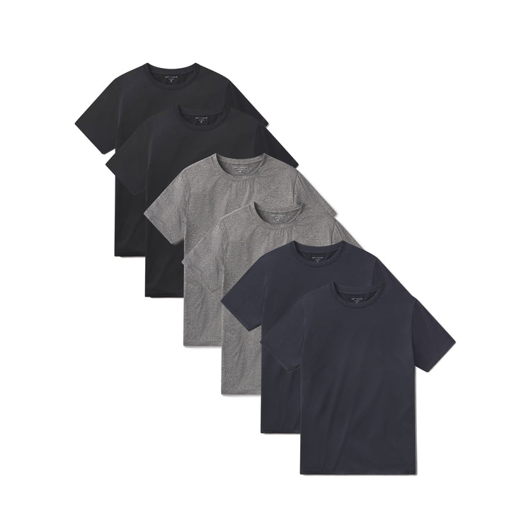 wearing Heather Gray/Black Heather/Navy Heather Tech Tee 6-Pack