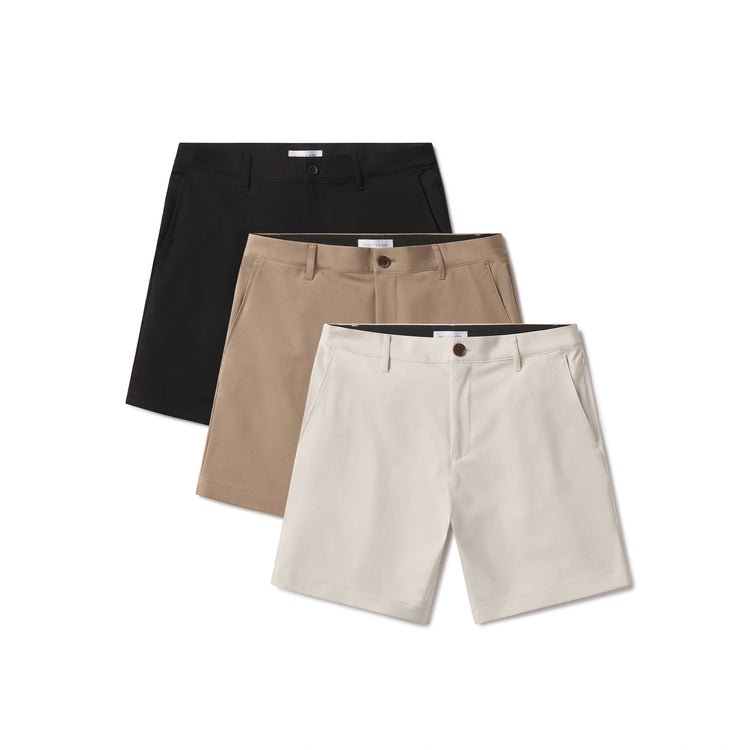 Men wearing Black/Stone/Khaki Tech Short 3-Pack