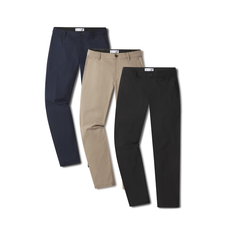 wearing Khaki/Black/Navy Slim Tech Pants 3-Pack