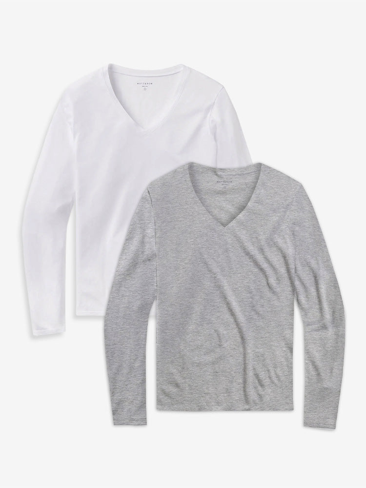 Women wearing White/Heather Gray Long Sleeve V-Neck Tee Marcy 2-Pack
