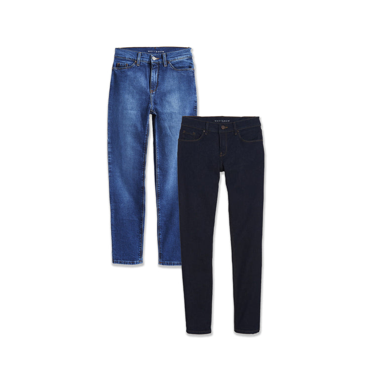 Women wearing Medium/Dark Blue / Dark Blue Slim Straight Travel Stretch Jeans 2-Pack