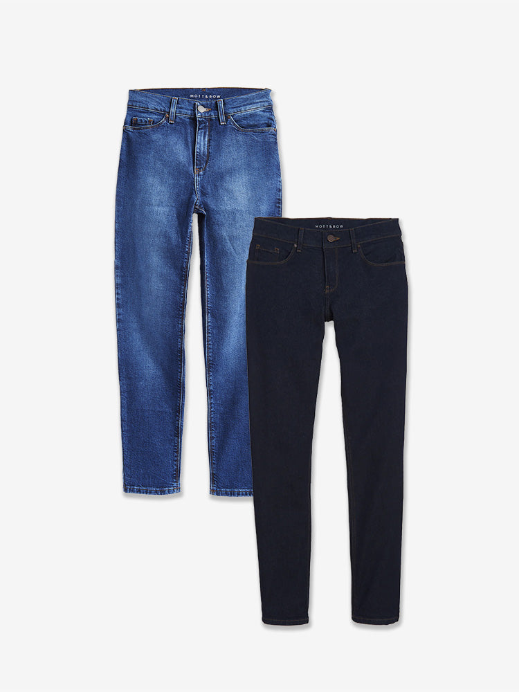 Women wearing Medium/Dark Blue / Dark Blue Slim Straight Travel Stretch Jeans 2-Pack