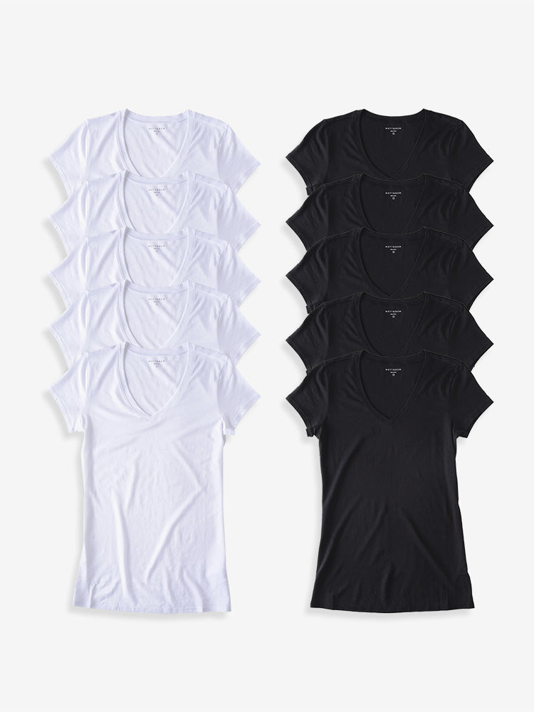 Women wearing White/Black Fitted V-Neck Marcy 10-Pack