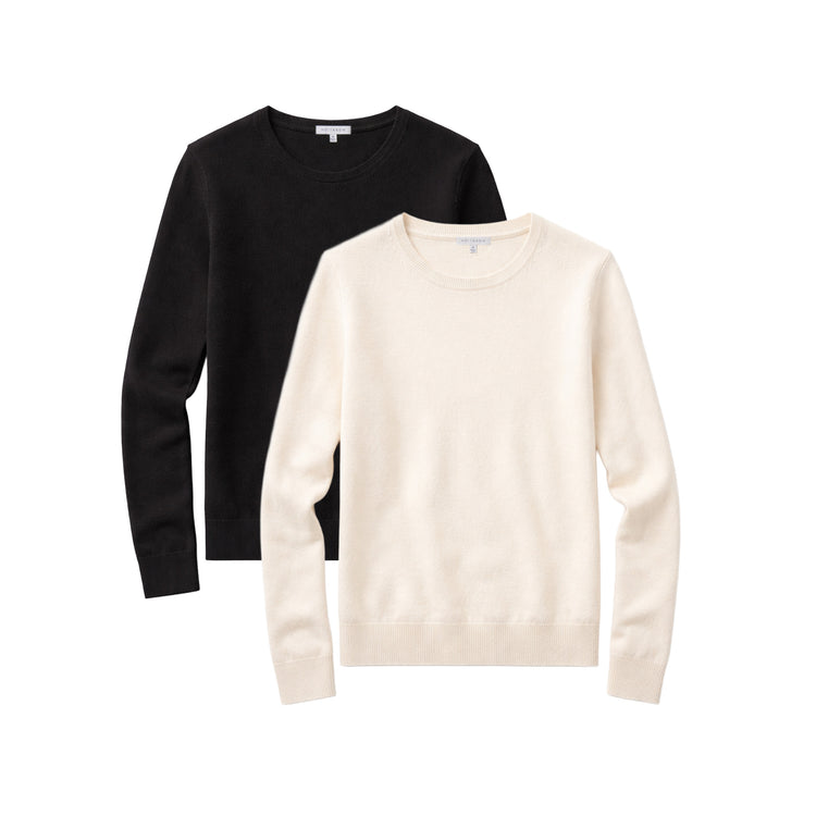 Women wearing Cream/Black Cashmere Raglan Crew Cambridge Sweater 2-Pack