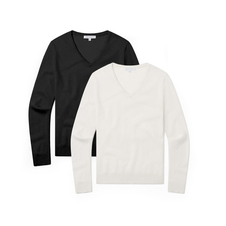 Women wearing Cream/Black Cashmere V-Neck Willow Sweater 2-Pack