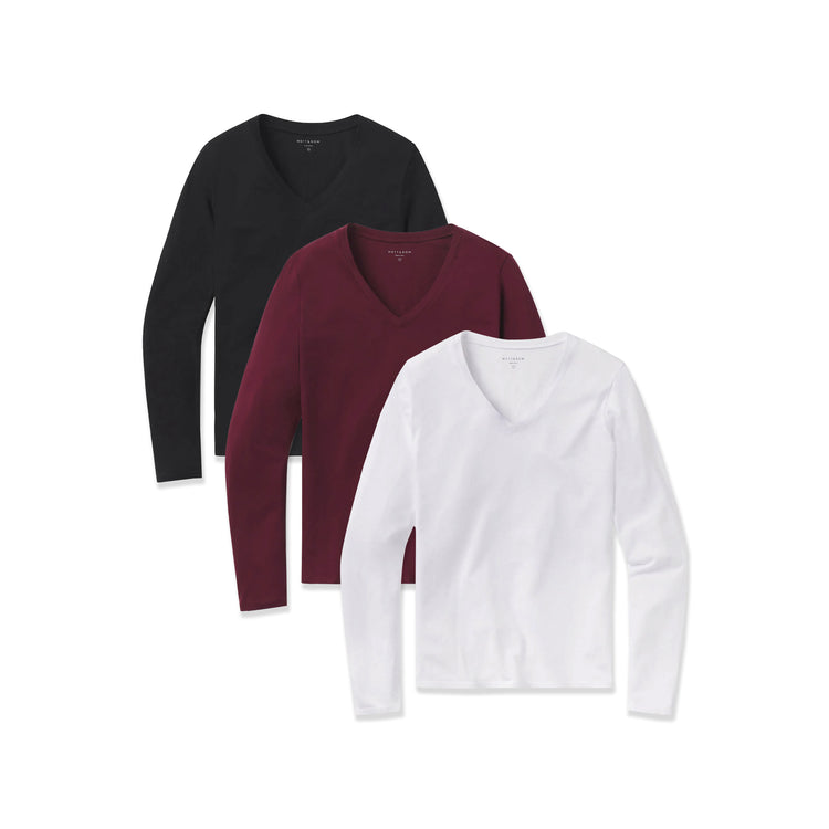 Women wearing Blanc/Noir/Pourpre Long Sleeve V-Neck Tee Marcy 3-Pack