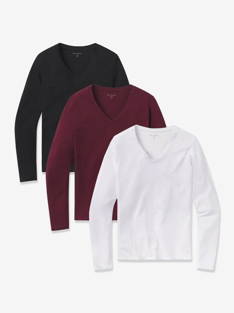 Women wearing Blanc/Noir/Pourpre Long Sleeve V-Neck Tee Marcy 3-Pack