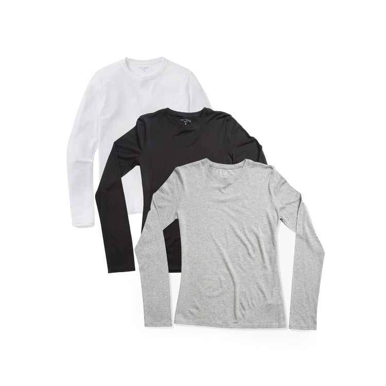 Women wearing Black/Heather Gray/White Long Sleeve Crew Tee Marcy 3-Pack