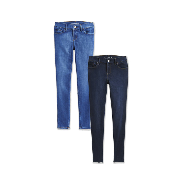 Women wearing Faded Medium/Dark Blue W/Raw Hem / Medium Blue Jane Mid Rise Skinny 2-Pack
