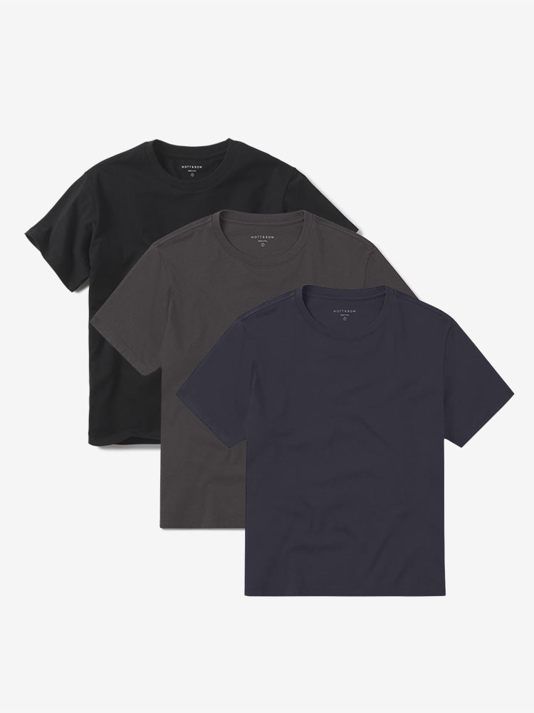 Women wearing Black/Dark Gray/Navy Everyday Cotton Crew Tee 3-Pack