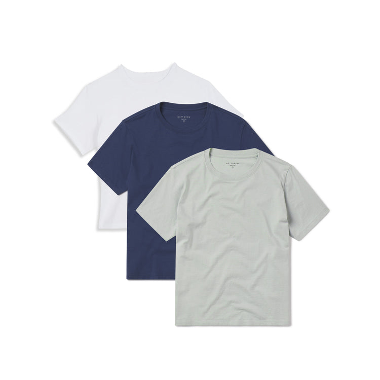 Women wearing White/Venice Blue/Honeydew Everyday Cotton Crew Tee 3-Pack
