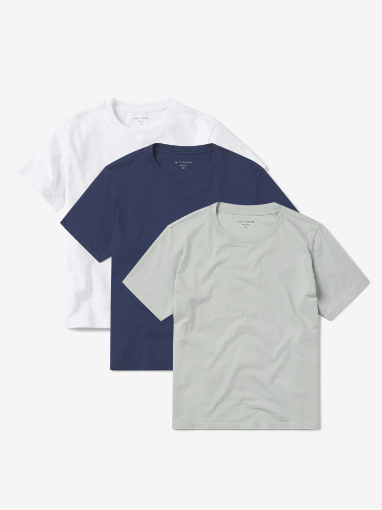 Women wearing White/Venice Blue/Honeydew Everyday Cotton Crew Tee 3-Pack
