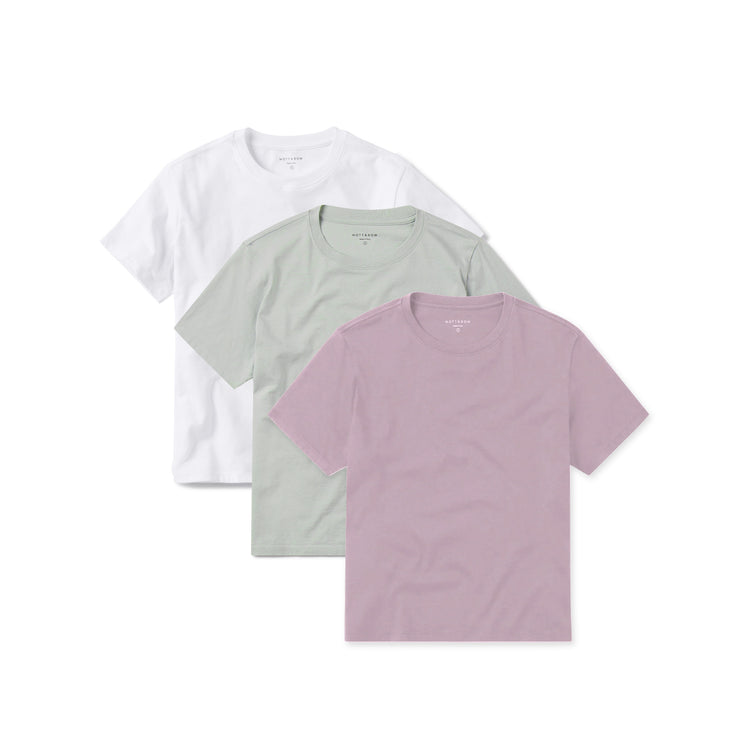 Women wearing White/Rose Pink/Honeydew Everyday Cotton Crew Tee 3-Pack