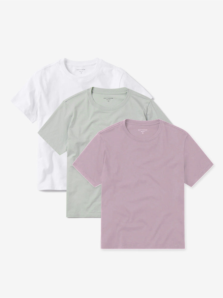 Women wearing White/Rose Pink/Honeydew Everyday Cotton Crew Tee 3-Pack