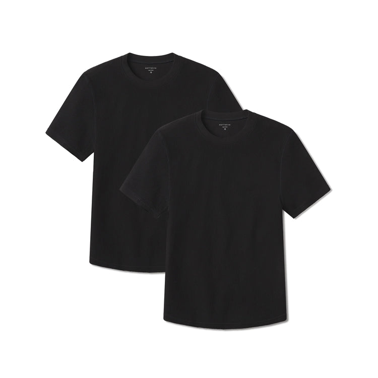 Men wearing Black Cotton Waffle Curved Hem Crew 2-Pack