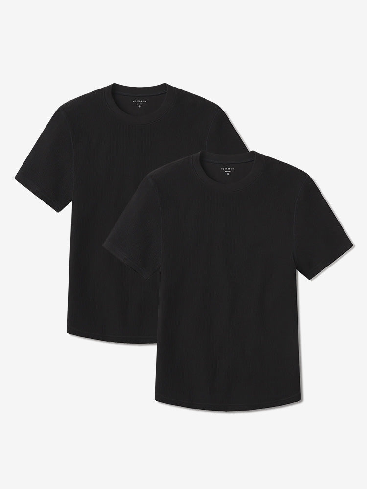 Men wearing Black Cotton Waffle Curved Hem Crew 2-Pack
