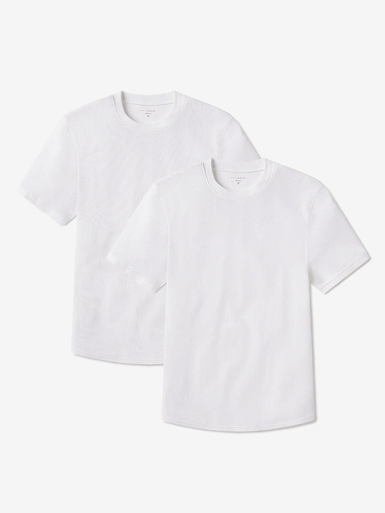 Men wearing White Cotton Waffle Curved Hem Crew 2-Pack