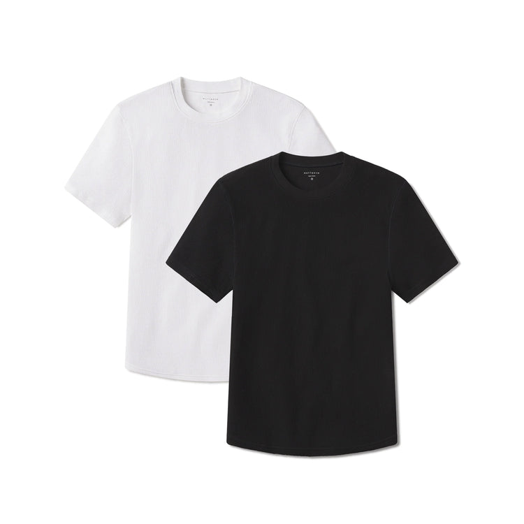 Men wearing Black/White Cotton Waffle Curved Hem Crew 2-Pack