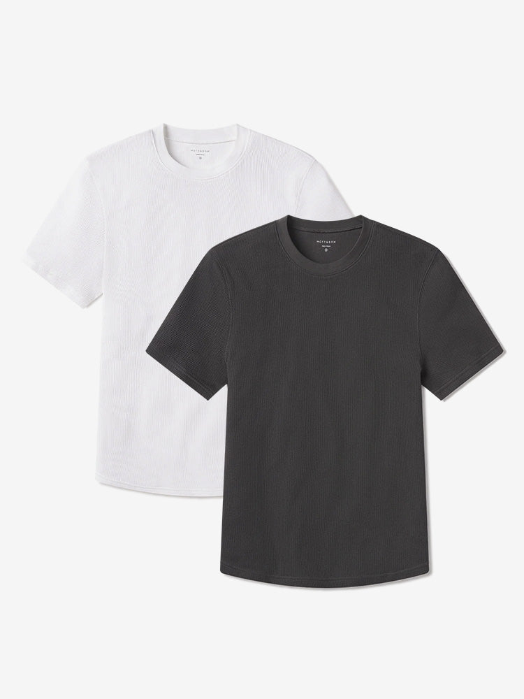 Men wearing Dark Gray/White Cotton Waffle Curved Hem Crew 2-Pack