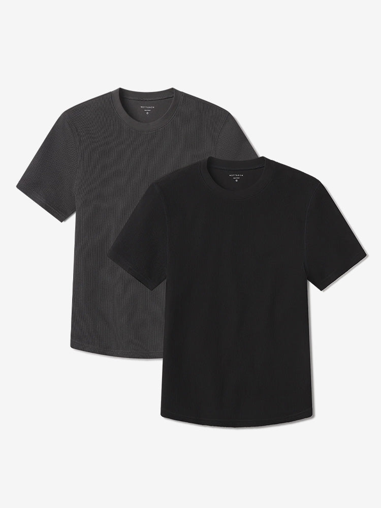 Men wearing Dark Gray/Black Cotton Waffle Curved Hem Crew 2-Pack