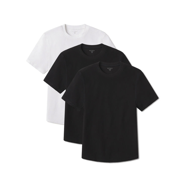 Men wearing Black/Black/White Cotton Waffle Curved Hem Crew 3-Pack