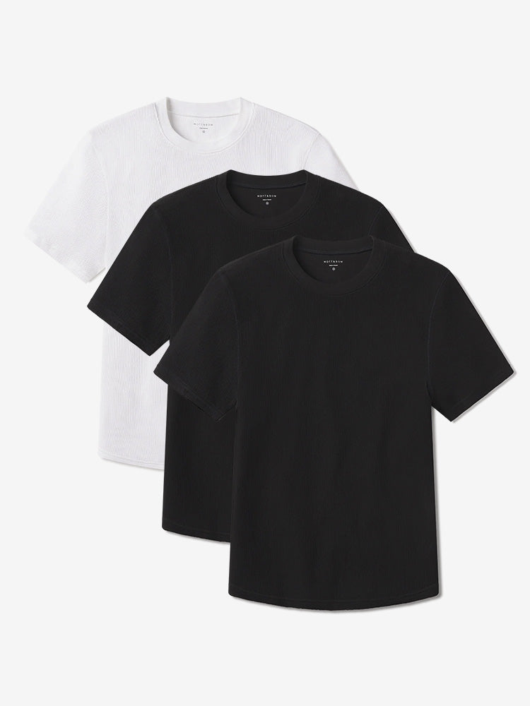 Men wearing Black/Black/White Cotton Waffle Curved Hem Crew 3-Pack