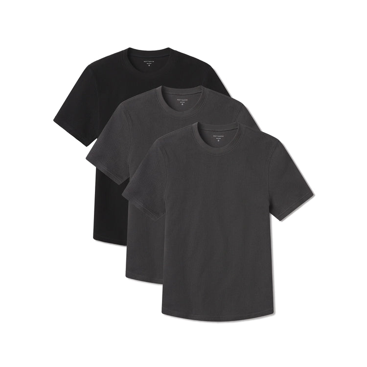 Men wearing Dark Gray/Dark Gray/Black Cotton Waffle Curved Hem Crew 3-Pack