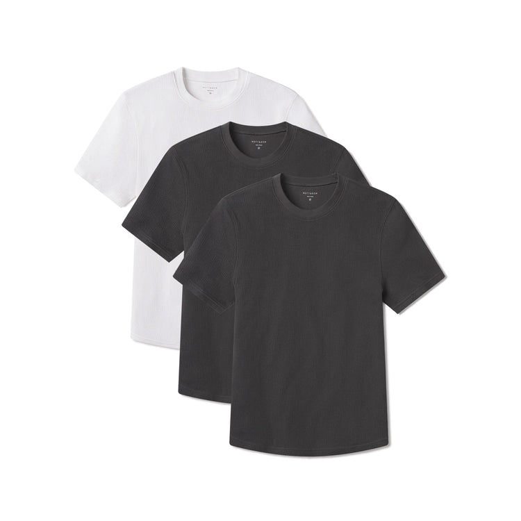 Men wearing Dark Gray/Dark Gray/White Cotton Waffle Curved Hem Crew 3-Pack