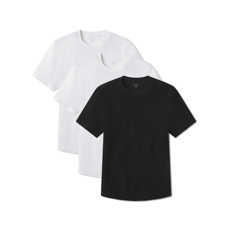 Men wearing White/White/Black Cotton Waffle Curved Hem Crew 3-Pack