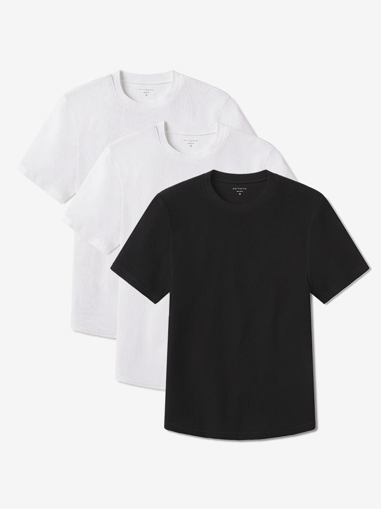 Men wearing White/White/Black Cotton Waffle Curved Hem Crew 3-Pack