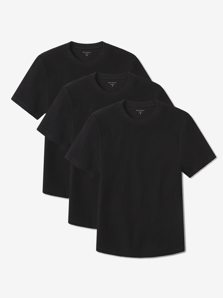 Men wearing Black Cotton Waffle Curved Hem Crew 3-Pack