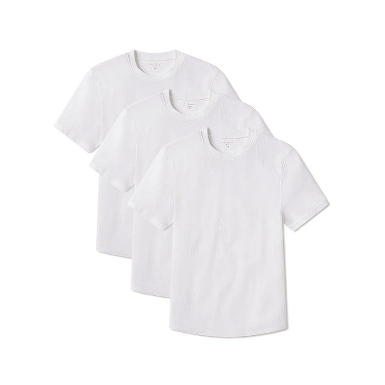 Men wearing White Cotton Waffle Curved Hem Crew 3-Pack