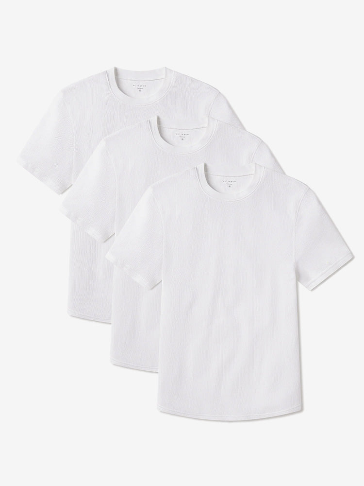 Men wearing White Cotton Waffle Curved Hem Crew 3-Pack