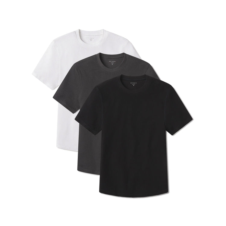 Men wearing White/Black/Dark Gray Cotton Waffle Curved Hem Crew 3-Pack
