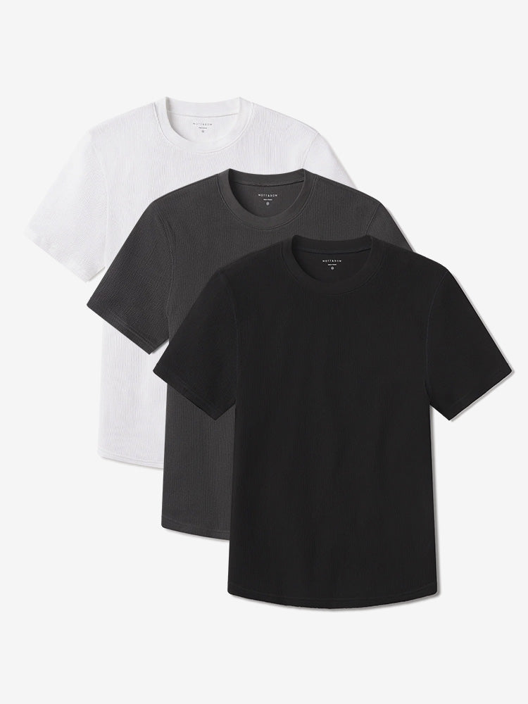 Men wearing White/Black/Dark Gray Cotton Waffle Curved Hem Crew 3-Pack