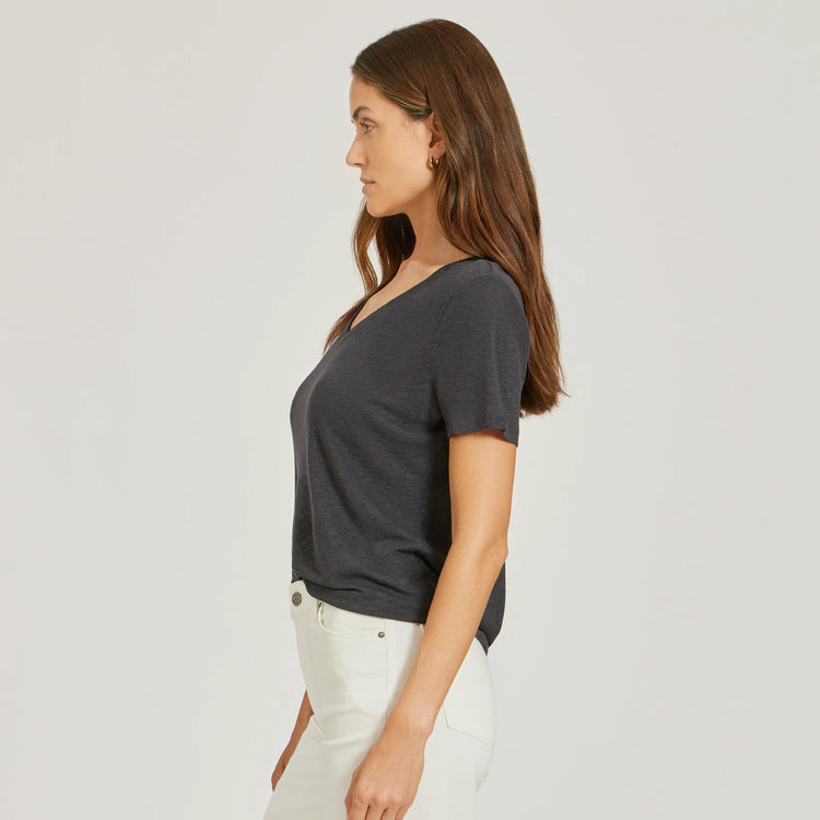 Women wearing Dark Gray Relaxed Linen Blend V-Neck Tee