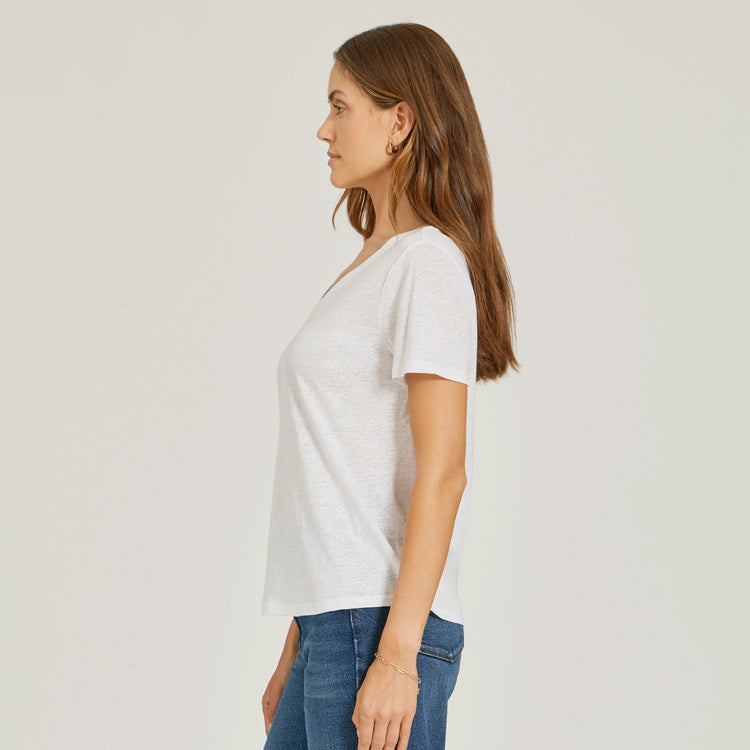 Women wearing White Relaxed Linen Blend V-Neck Tee