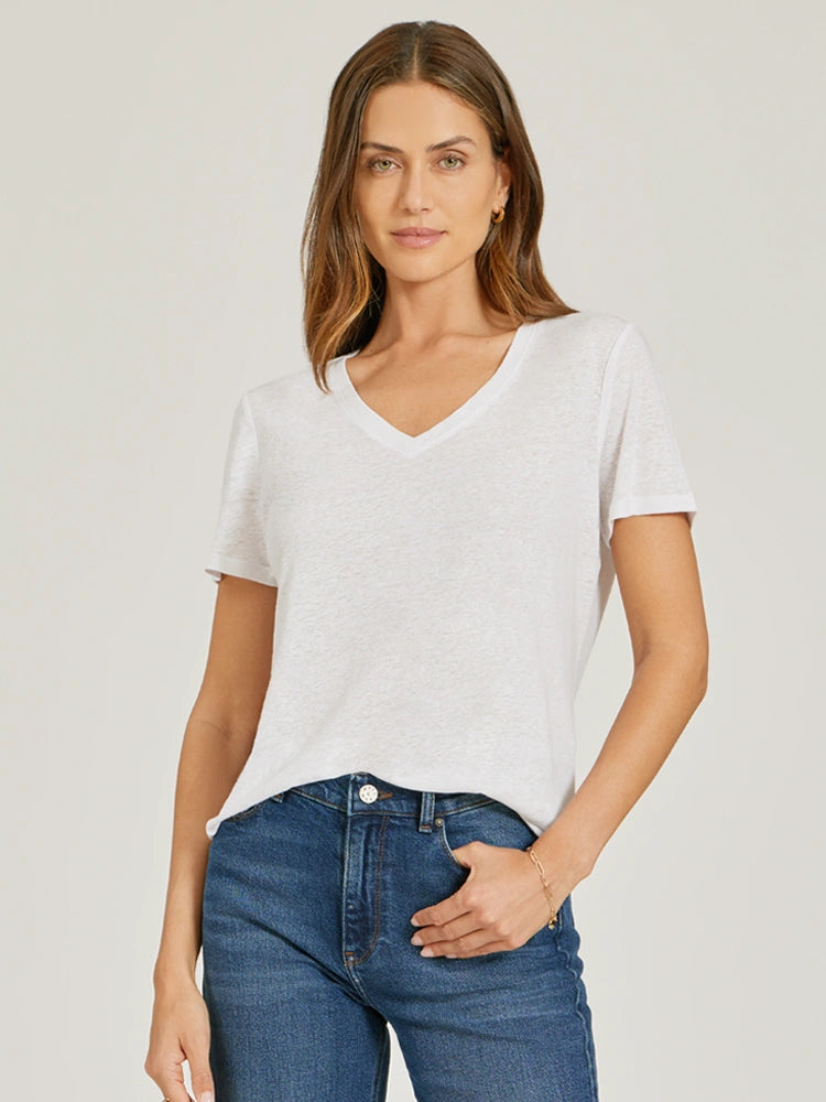 Women wearing White Relaxed Linen Blend V-Neck Tee