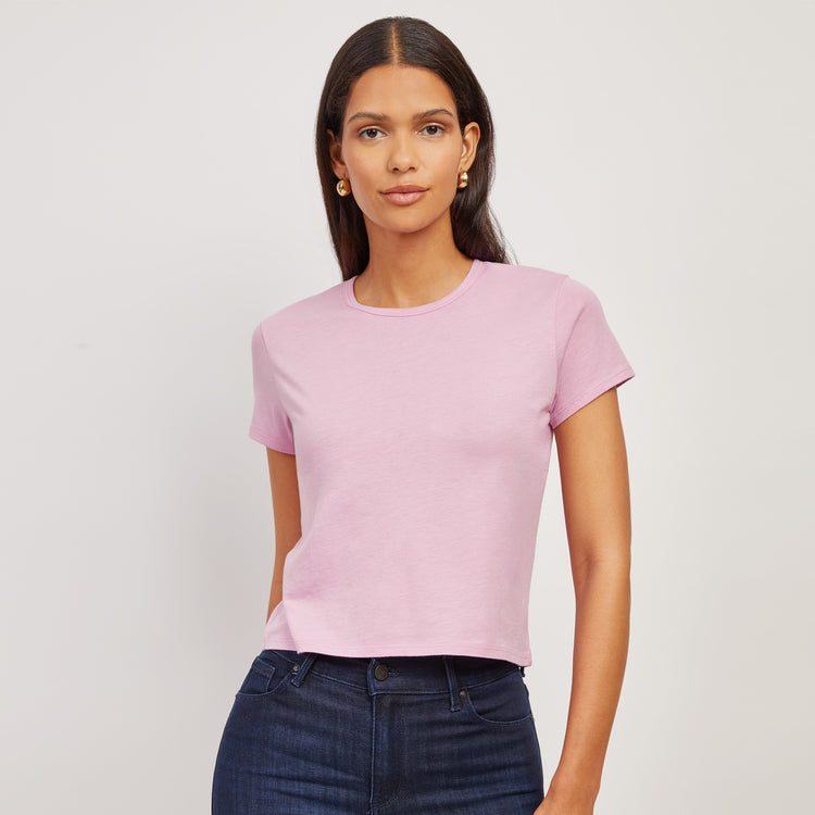 Women wearing Rose Pink Cropped Fitted Crew Marcy Tee