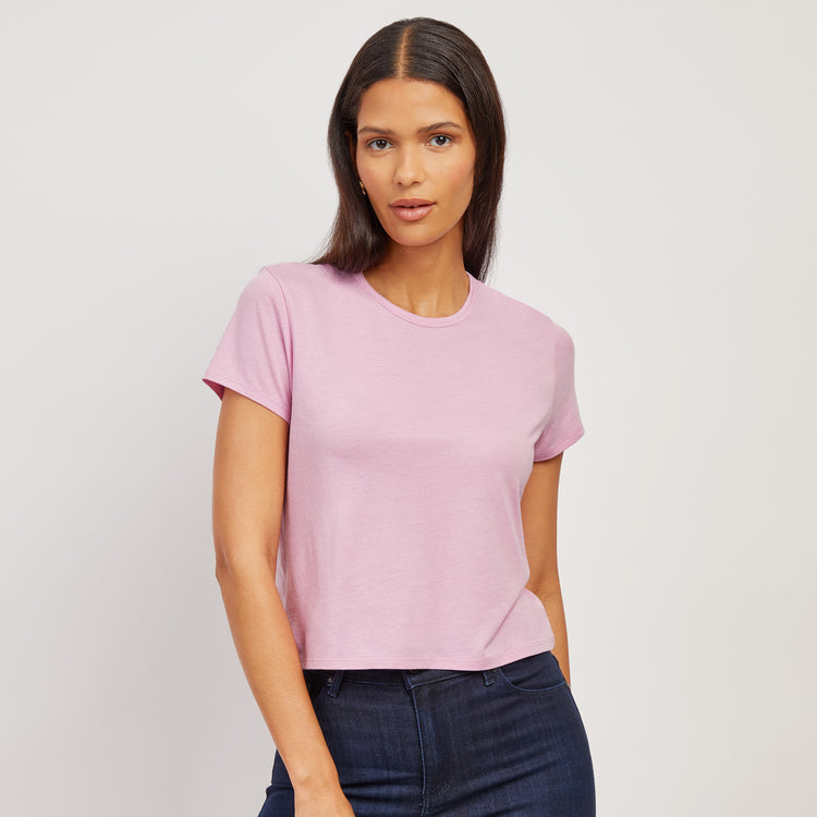 Women wearing Rose Pink Cropped Fitted Crew Marcy Tee