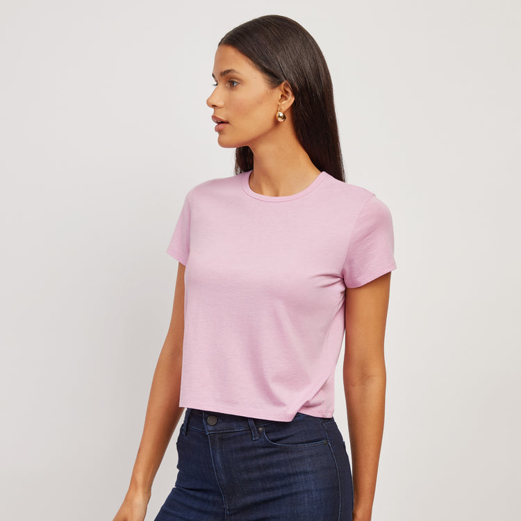 Women wearing Rose Pink Cropped Fitted Crew Marcy Tee
