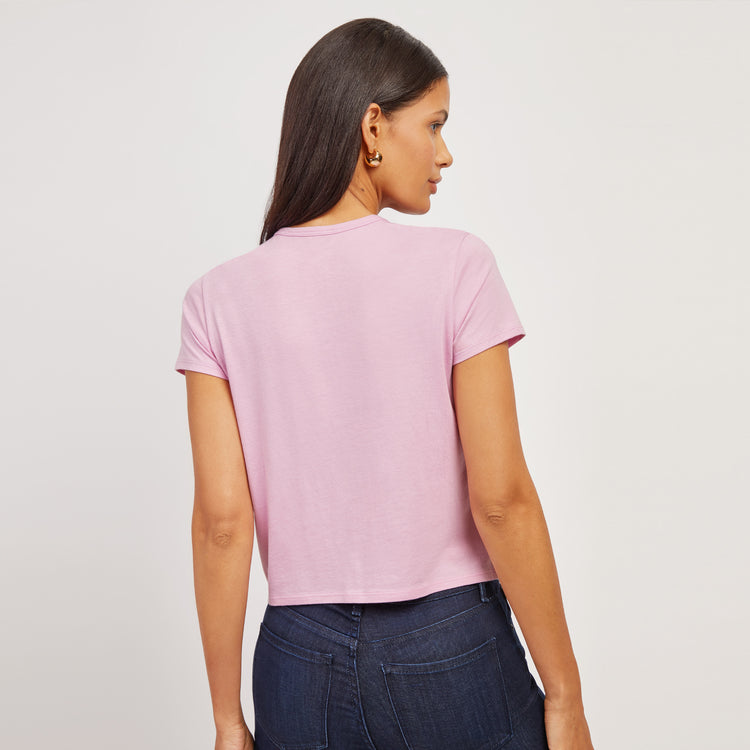 Women wearing Rose Pink Cropped Fitted Crew Marcy Tee