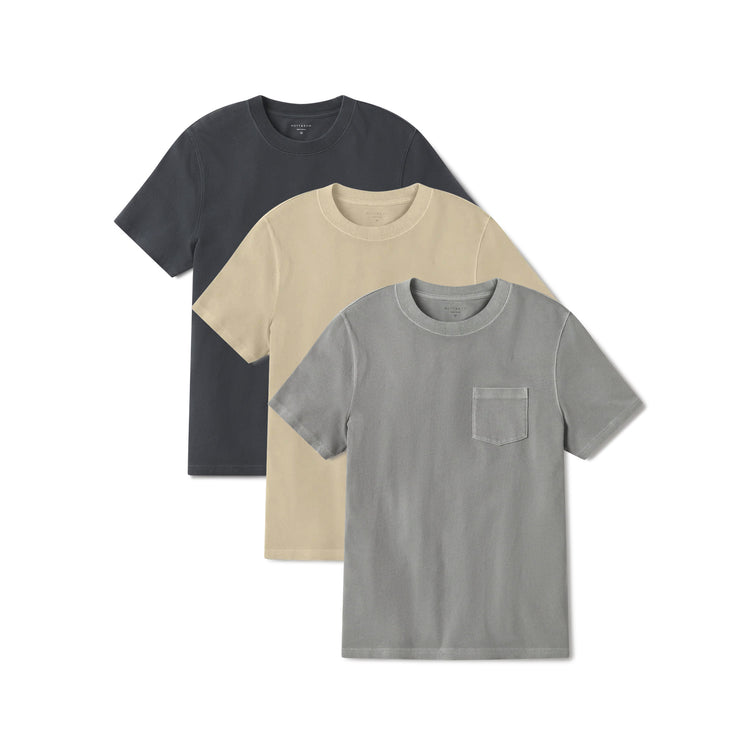 Men wearing Vintage Taupe/Vintage Pewter/Vintage Blue Ink Heritage Weighted Tee 3-Pack